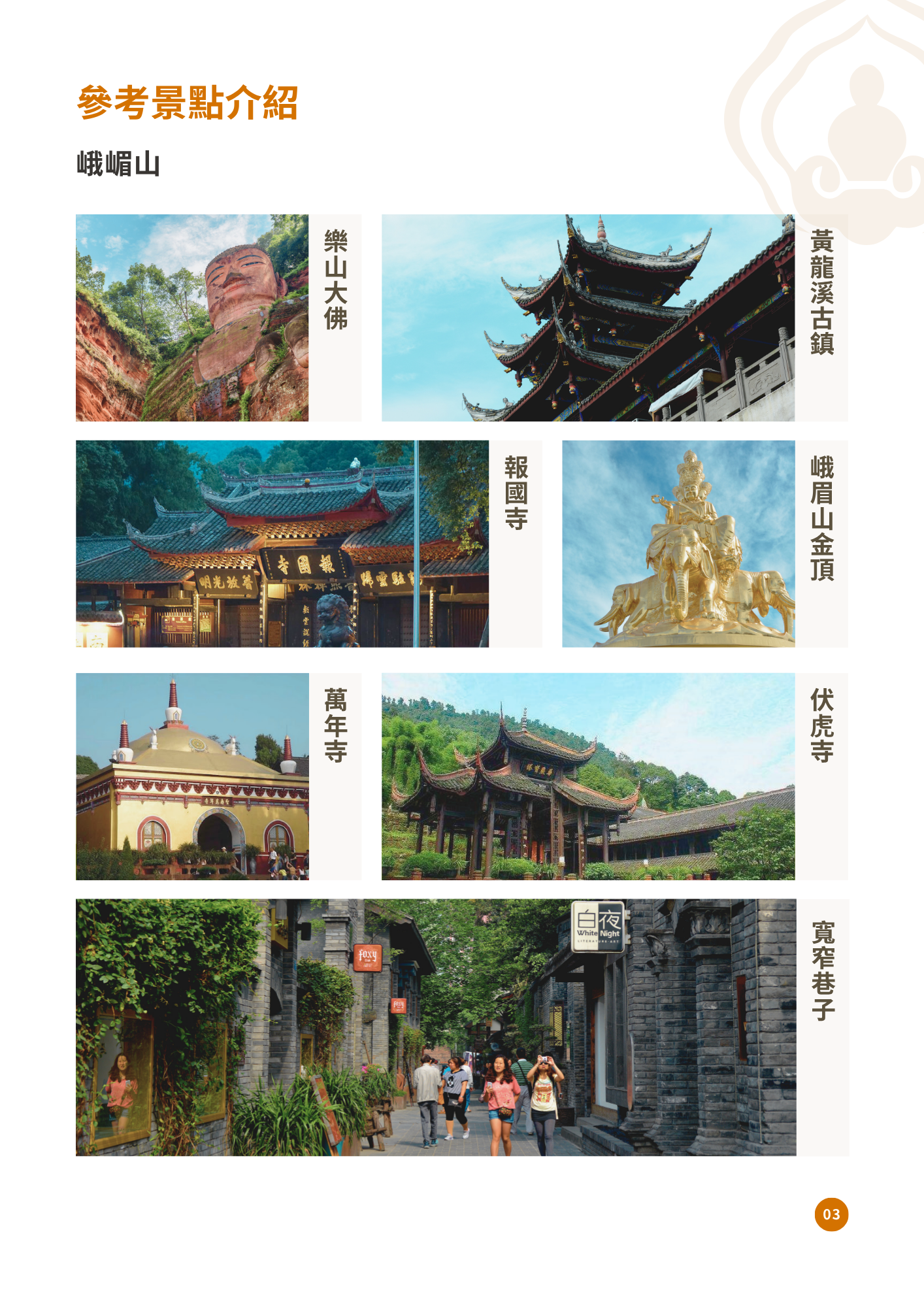 該圖片以圖文對照方式展示峨眉山及其周邊重點景點。包含樂山大佛、黃龍溪古鎮、報國寺、峨眉山金頂十方普賢像、萬年寺、伏虎寺以及成都寬窄巷子，呈現歷史古蹟與人文市集兼具的旅遊風貌。