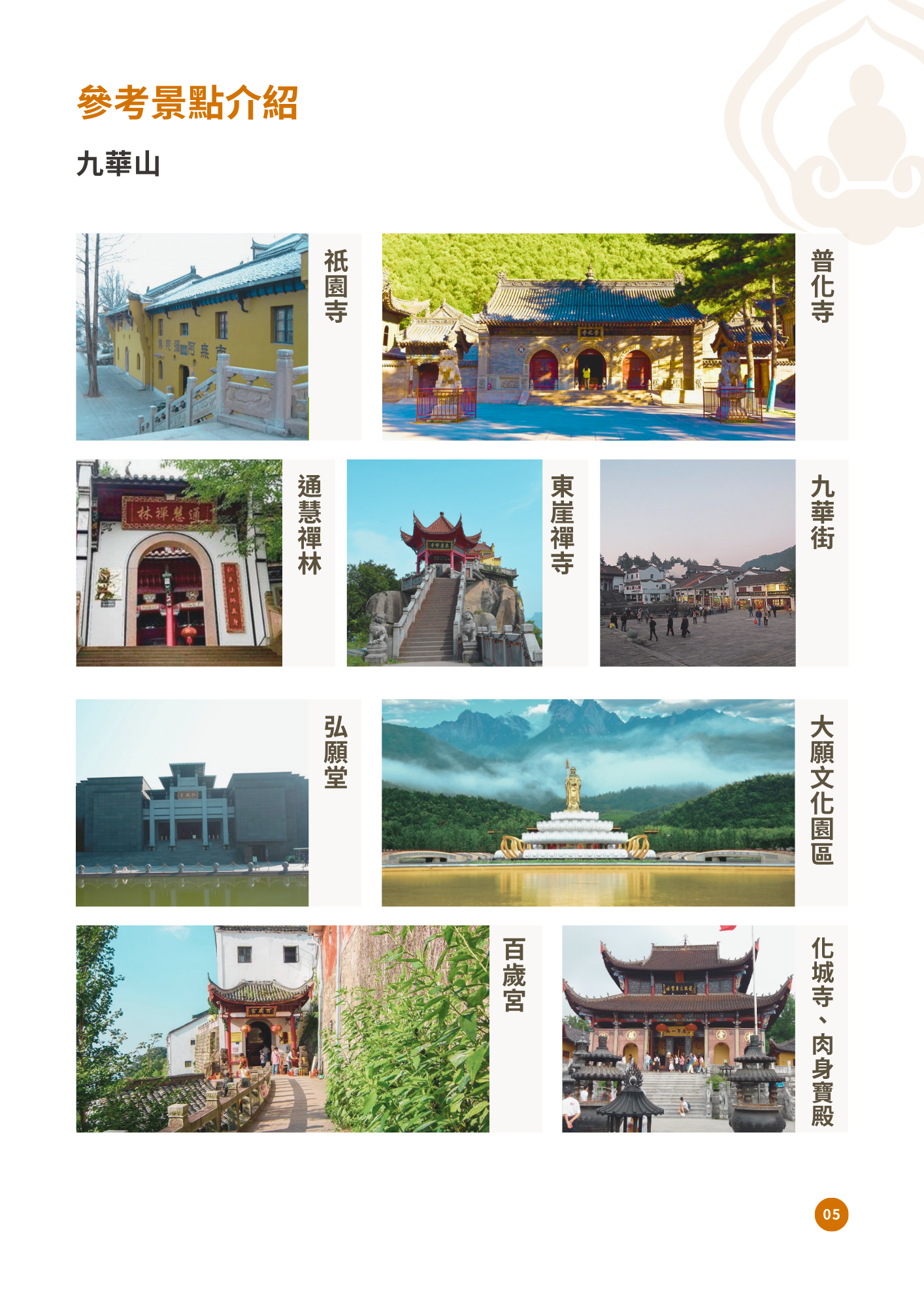 該圖片詳細介紹九華山及其周邊人文景點。包含祗園寺、普化寺、通慧禪林、東崖禪寺、九華街、弘願堂、地藏菩薩大願文化園區、百歲宮以及化城寺與肉身寶殿，呈現地藏道場的深厚宗教底蘊。