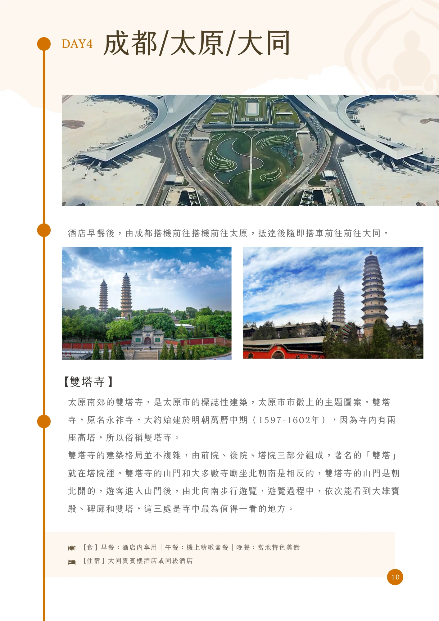 橘色「DAY4」標示搭配標題「成都/太原/大同」，內文說明酒店早餐後由成都搭機經太原飛往大同；段落標題「【雙塔寺】」說明太原南郊雙塔寺為太原市標誌性建築，原名永祚寺，約始建於明朝萬曆中期（1597-1602年），由前院、後院、塔院三部分組成，山門朝北而開，可依序參觀大雄寶殿、碑廊與雙塔。主圖分別為機場空拍俯瞰全景，以及雙塔寺兩座並立高塔於藍天綠樹間的照片兩張。頁末列出當日餐食（早餐酒店內享用、午餐機上精緻盒餐、晚餐當地特色美饌）與住宿資訊（大同貴賓樓酒店或同級酒店），頁碼標示為10。