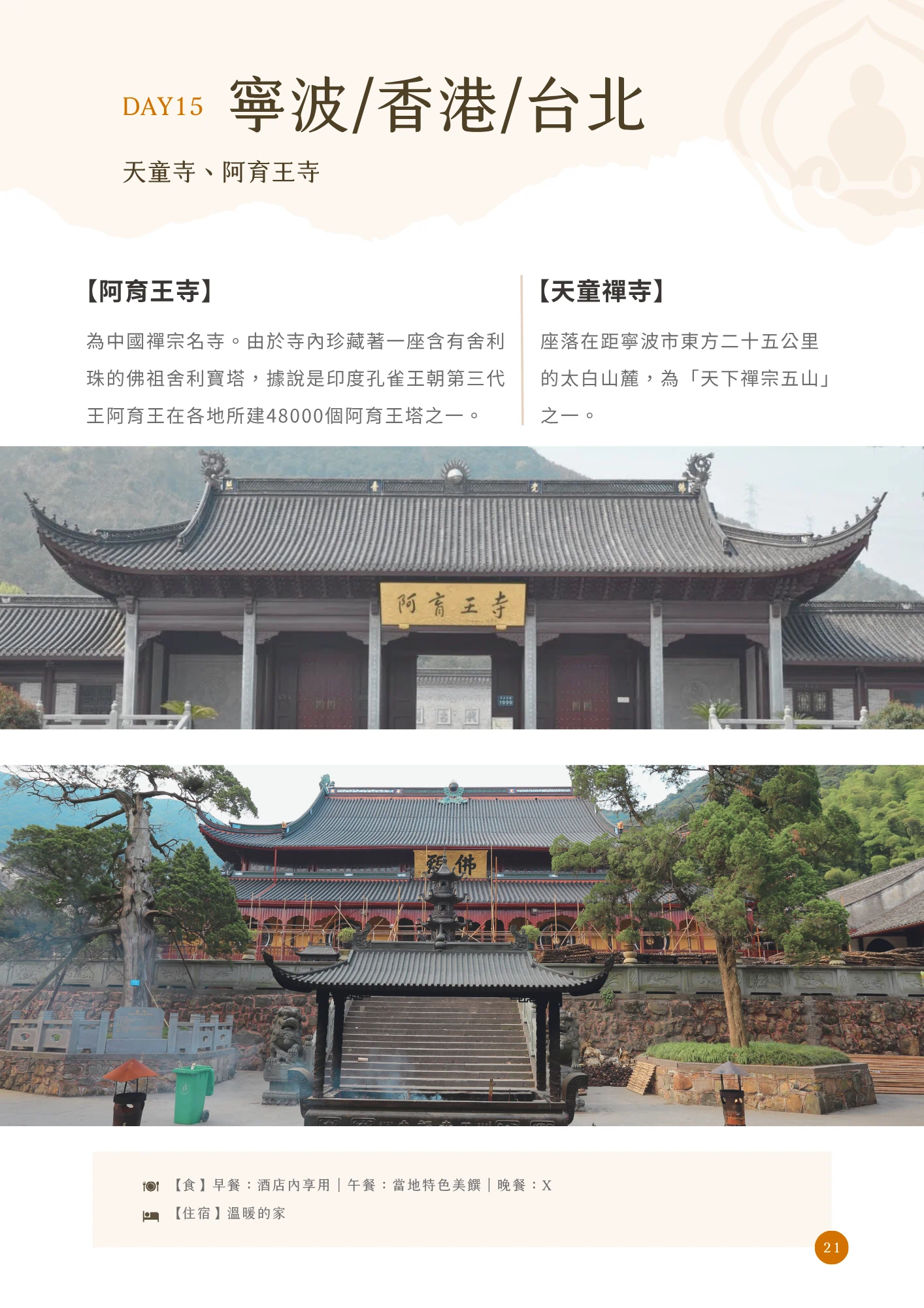 橘色「DAY15」標示搭配標題「寧波/香港/台北」，副標列出「天童寺、阿育王寺」，內文分兩段落標題：「【阿育王寺】」說明為中國禪宗名寺，寺內珍藏含有舍利珠的佛祖舍利寶塔，據說是印度孔雀王朝第三代王阿育王在各地所建48000個阿育王塔之一；「【天童禪寺】」說明座落於距寧波市東方二十五公里的太白山麓，為「天下禪宗五山」之一。主圖分別為懸掛「阿育王寺」金色匾額的灰瓦殿宇正面照片，以及天童禪寺古樸大殿與香爐涼亭的照片。頁末列出當日餐食（早餐酒店內享用、午餐當地特色美饌、晚餐X）與住宿資訊（溫暖的家），頁碼標示為21，亦為每日行程最後一日。